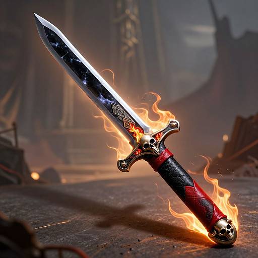 Digital art: Glowing, star-patterned sword with fire effects and skull hilt, leaning on a dark, ruined ground. Background: blurry,