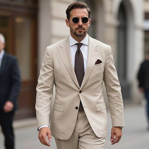 Photograph of a handsome, bearded man in a beige suit, white shirt, brown tie, and round sunglasses, walking confidently in an urban setting