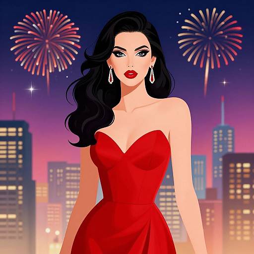 Glamorous Woman with Fireworks Skyline