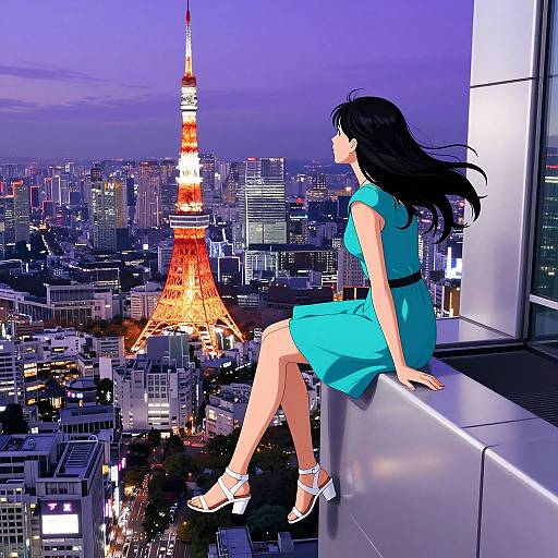 Anime-style drawing of a woman in a blue dress, sitting on a window ledge, overlooking Tokyo's illuminated skyline and Tokyo Tower at dusk.