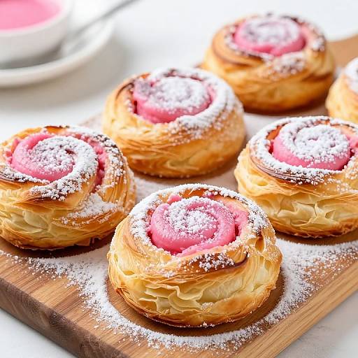 Photograph of five golden, flaky pastry pinwheels with pink centers, dusted with powdered sugar, arranged on a wooden board.