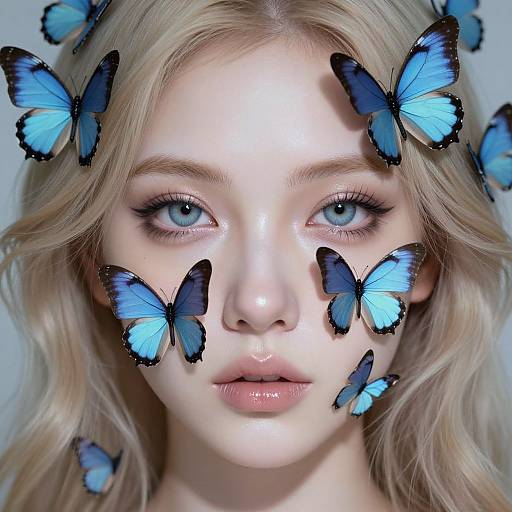 Photograph of a pale-skinned, blue-eyed blonde woman with blue butterflies surrounding her face, creating a surreal, ethereal effect.
