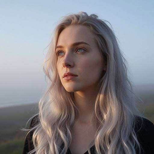 Photograph of a blonde woman with wavy hair, blue eyes, and fair skin, gazing into the distance at sunset, wearing a black top