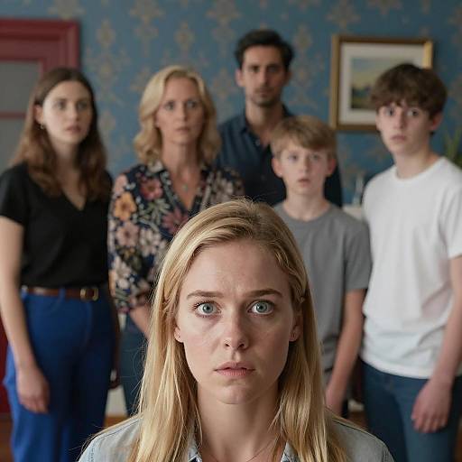 Blonde Woman with Frightened Eyes and Group Background