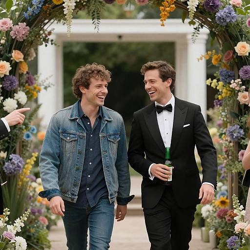 Joyful Moment Under a Floral Archway