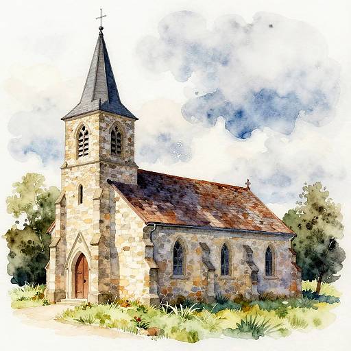 Watercolor Painting of Quaint Stone Church