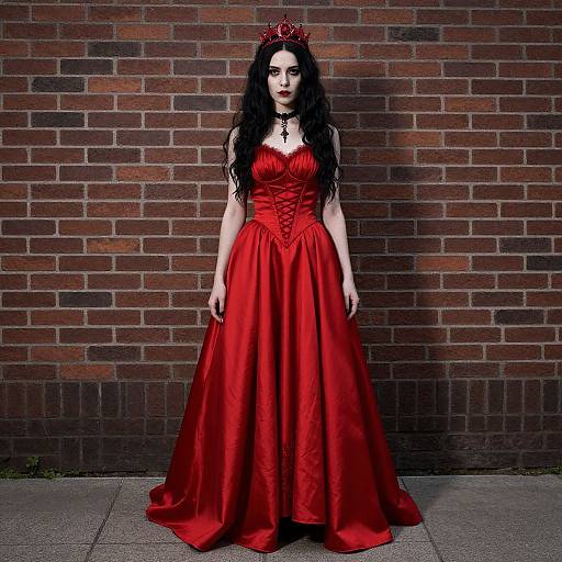 Photograph of a pale woman with long black hair wearing a red satin, corset-style gown, black choker, and red crown, standing against