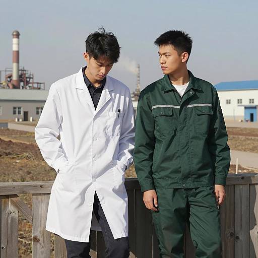 Two Young Men by Industrial Fence