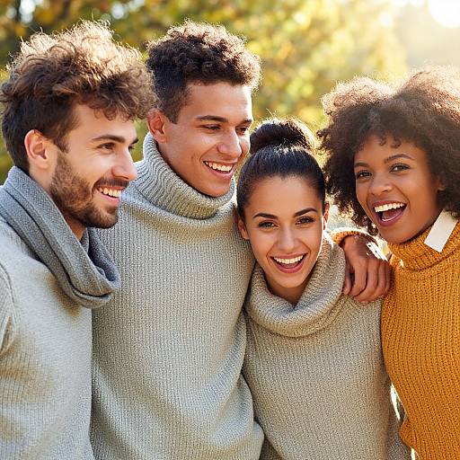 Photograph of four smiling friends with diverse backgrounds, wearing cozy sweaters, standing closely together outdoors on a sunny day.