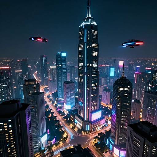 Digital artwork of a neon-lit, futuristic cityscape at night, featuring towering skyscrapers, glowing billboards, and flying drones against a dark