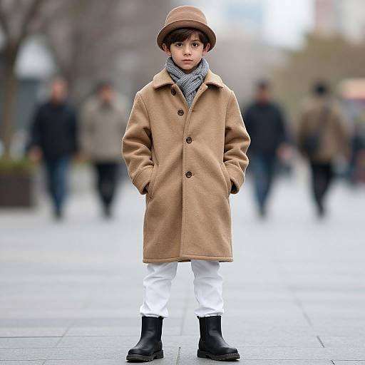Photograph of a young boy with light brown skin, brown eyes, wearing a tan coat, white pants, black boots, gray scarf, and brown