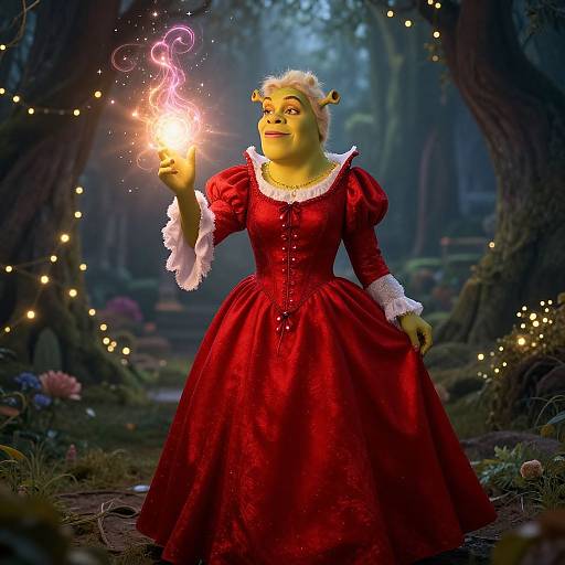 Photograph of a green-skinned, elf-like woman in a red, Victorian-style dress, holding a glowing magical wand in a enchanted forest.