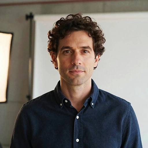 Photograph of a middle-aged man with curly dark brown hair, light skin, wearing a dark blue button-up shirt, standing against a blurred white and