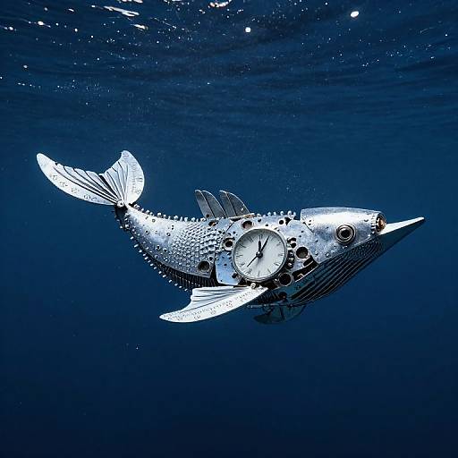 Photograph of a surreal underwater scene featuring a fish-like object with a clock face on its side, surrounded by dark blue water.