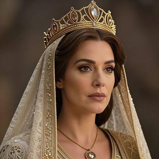 Photograph of a regal woman with dark brown hair, wearing a gold crown, ornate veil, and necklace, with a serious expression.