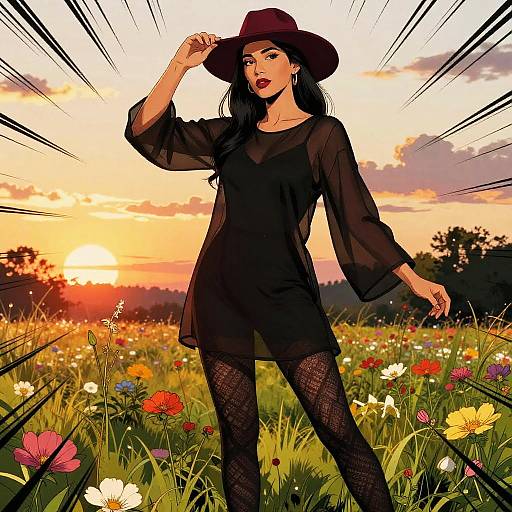 Digital comic-style drawing of a confident woman in a black dress, lace tights, and wide-brimmed hat, standing in a colorful sunset field