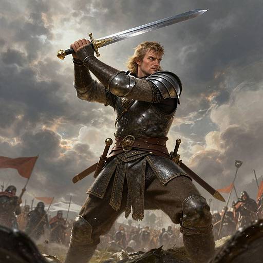 Photorealistic digital artwork of a muscular, blonde, armored warrior with a raised sword, standing in a battlefield under a stormy sky.