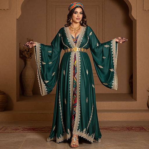 Photograph of a woman in an ornate, teal traditional dress with gold and white embroidery, colorful headscarf, and elaborate jewelry, standing in