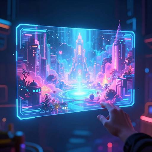 Neon-lit digital cityscape projected on a screen, illuminated in vibrant blues, pinks, and purples, with a hand pointing at it