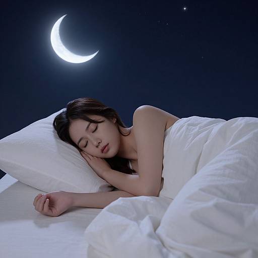Photograph of an Asian woman with long black hair sleeping under a white blanket, illuminated by a glowing crescent moon in a dark night sky.