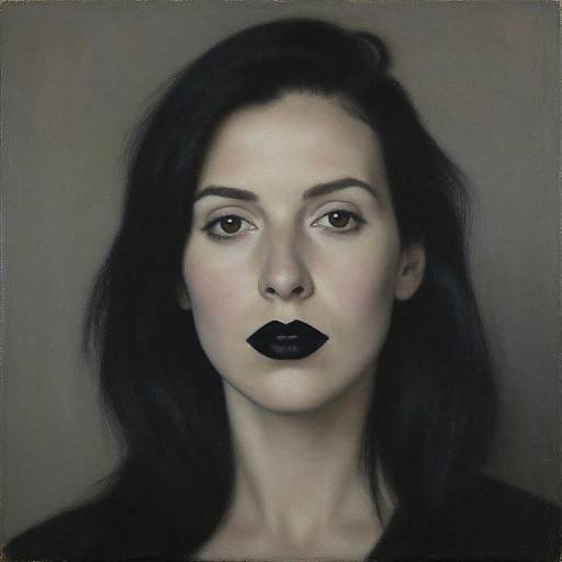 Digital portrait of a pale-skinned woman with black lipstick, dark brown eyes, and long black hair against a gray background.