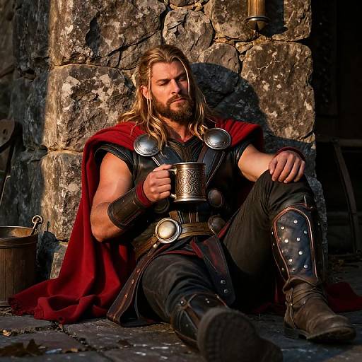 Photograph of a muscular, bearded man with long blonde hair, wearing medieval armor and red cape, holding a silver mug, sitting against a stone