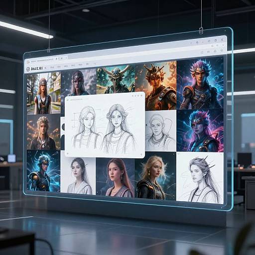 Digital art display featuring character concept sketches and colored illustrations, showcasing varied characters with futuristic and fantasy elements, in a modern, brightly lit room.