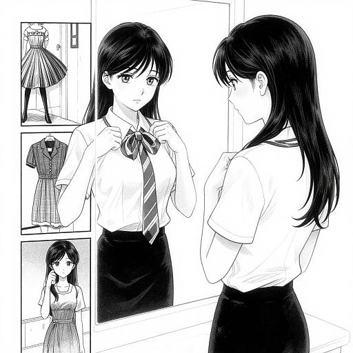 Shoujo Manga Woman Fixing Uniform in Mirror