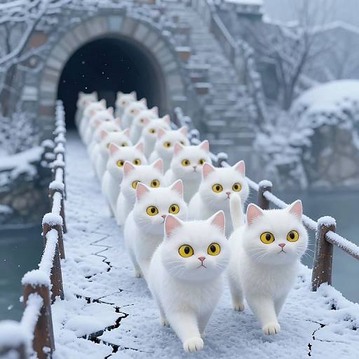 Photograph of a line of white cats with bright yellow eyes walking on a snow-covered bridge towards a dark, arched tunnel.