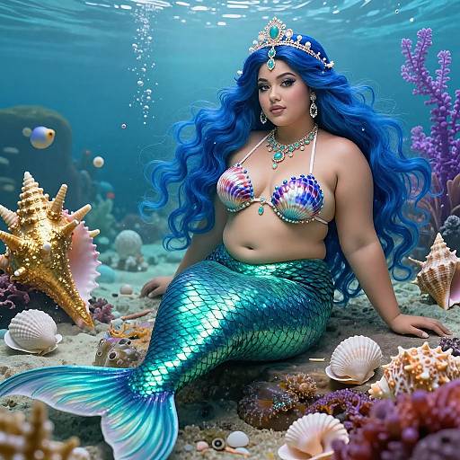 Digital artwork of a voluptuous, blue-haired mermaid with iridescent scales, wearing a jeweled tiara and top, sitting underwater among colorful