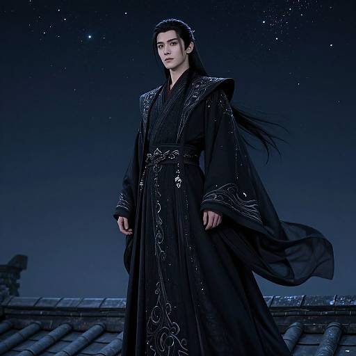 Photograph of a tall, pale-skinned man with long black hair, wearing an ornate black kimono, standing under a starry night sky