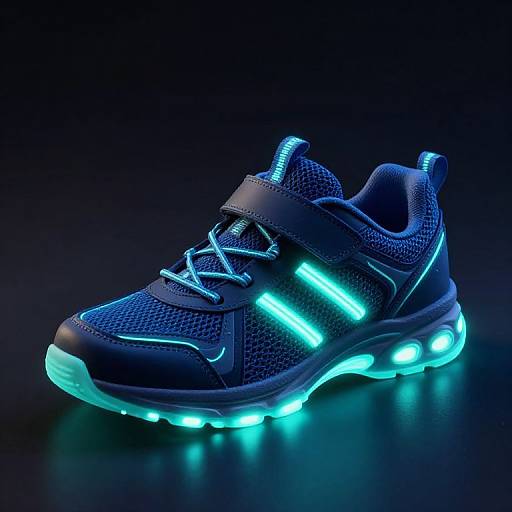 Glow-in-the-dark athletic shoe, neon blue accents, black mesh fabric, luminous laces, Nike logo, bright green sole lights, dark