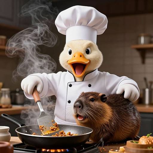 Photograph-style CGI of a duck in a chef's hat cooking with a spoon, a brown rat beside him, steam rising. Kitchen background with utens