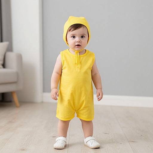 Photograph of a baby with light skin, brown hair, wearing a bright yellow onesie, matching hat, and white sneakers, standing on wooden floor