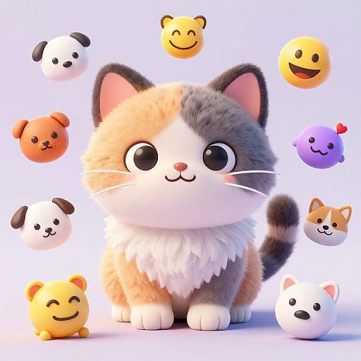 Cute digital illustration of a fluffy, multicolored cat with large eyes surrounded by floating, smiling animal emojis against a white background.