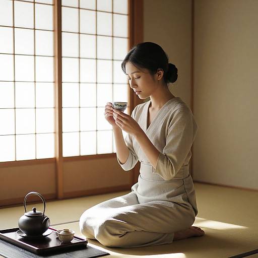 Photograph of a serene Asian woman with dark hair in a bun, wearing a beige kimono, sitting cross-legged on a tatami mat, s