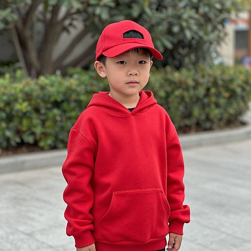 Photograph of an Asian boy with short black hair, wearing a red hoodie and matching red cap, standing on a suburban street with green bushes in the