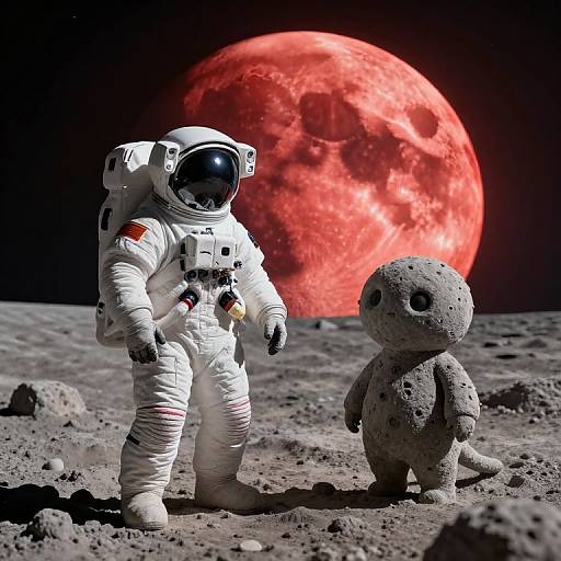 Photograph of an astronaut in white spacesuit with red patch, standing on moon's surface, facing gray, textured alien doll, with large red,