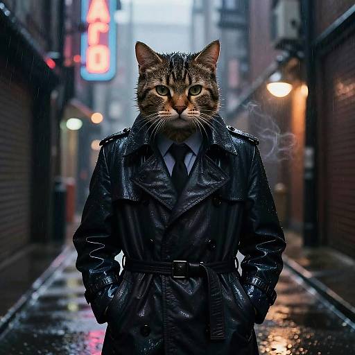 Neo-Noir Cat Detective in Rainy Alley