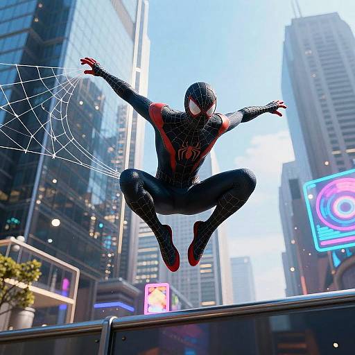 Spidermen in Futuristic Neon Metropolis