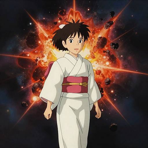 High School Girl in Kimono with Cosmic Explosion