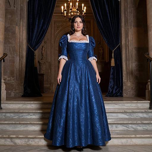 Photograph of a woman in a blue, Victorian-style dress with white lace trim, standing on marble steps in a grand, dimly-lit hall
