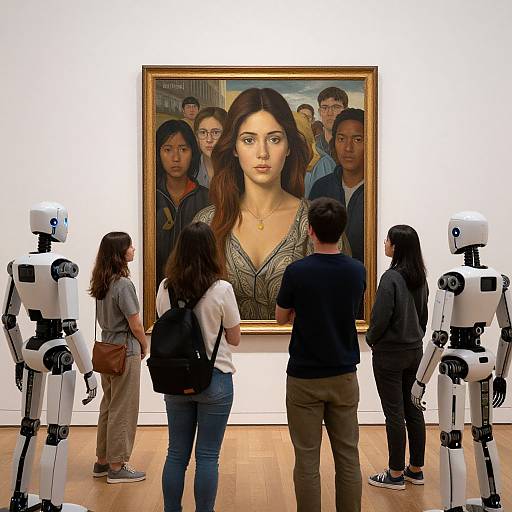 Photograph of a museum room with six people, three robots, and a large portrait painting of a woman with long brown hair. Visitors are observing the