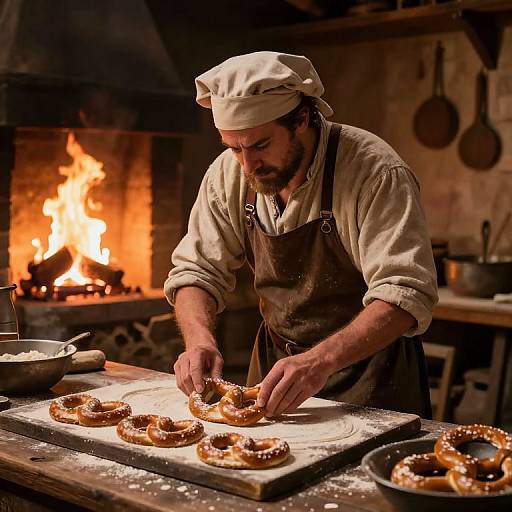 Photograph of a bearded male baker in a white cap and apron, shaping sugar-coated doughnuts over a wooden counter by a roaring fireplace