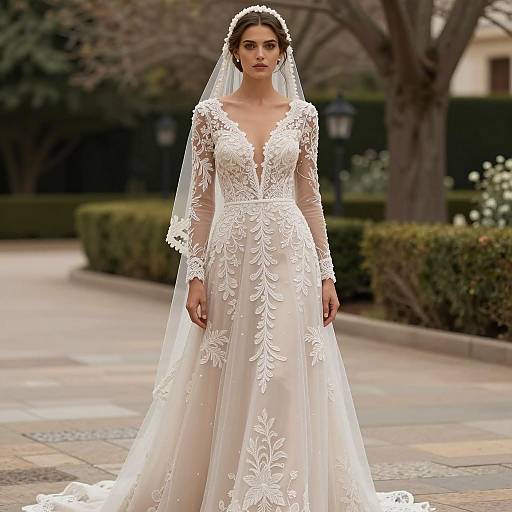 Bride in Beige Lace Wedding Dress Outdoors
