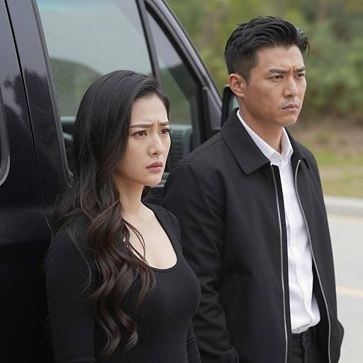 Serious Asian Couple Standing by Black Truck