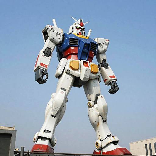 Photograph of a towering, white and blue Gundam-style mecha robot with red and yellow accents, standing against a clear blue sky, with urban buildings