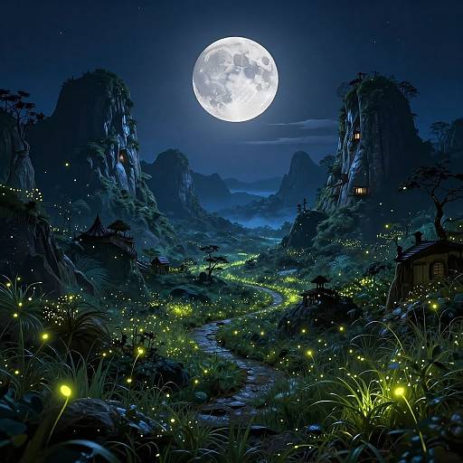 Digital art: Luminous full moon over mystical, blue-hued valley with glowing fireflies, ancient houses on cliffside, and lush, winding