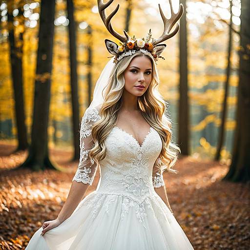 Bride in Deer Antler Costume in Autumn Forest