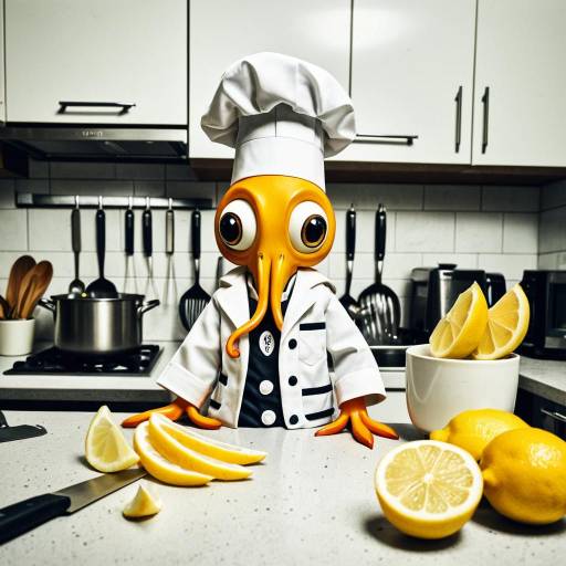 Cartoon Squid Chef Preparing Lemons in Kitchen